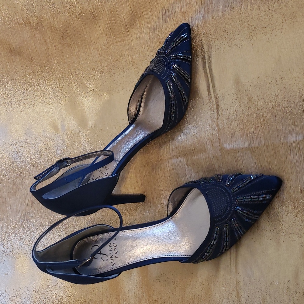 NWoT Adrianna Papell Navy Blue Satin Beaded Pointed Toe Pump, Size 7.5 - Picture 3 of 16